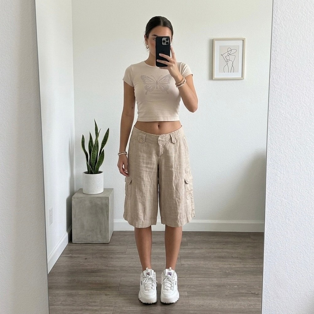 Y2K Halogen 100% Linen Cargo Bermuda Shorts Womens Size 10 Tan Mid Rise Wide Leg
